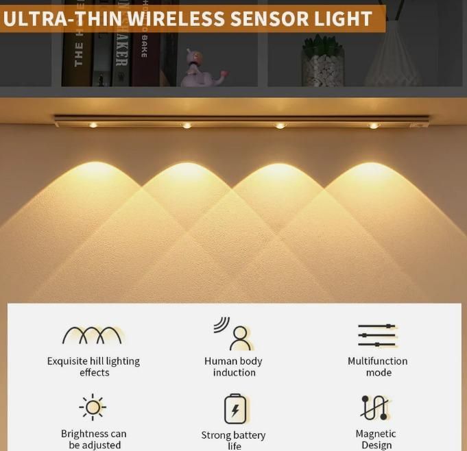 Front view of LED PIR motion sensor cabinet light with USB rechargeable feature.