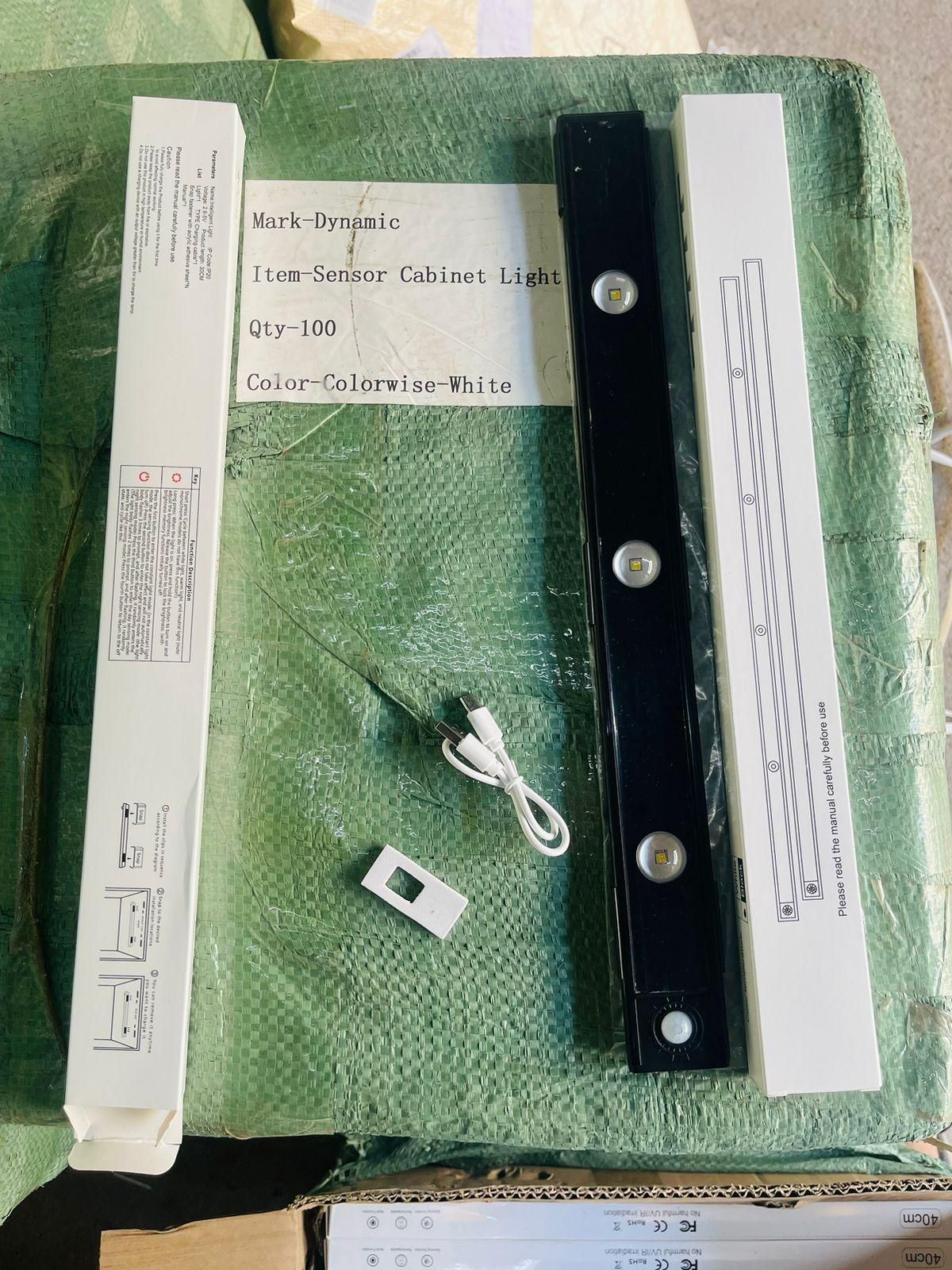 Packaging of the LED PIR motion sensor cabinet light with USB rechargeable feature.