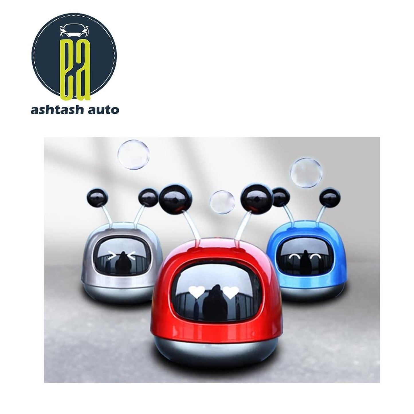 Front view of the blue robot-shaped dashboard car perfume with a stylish metallic finish in different colors.