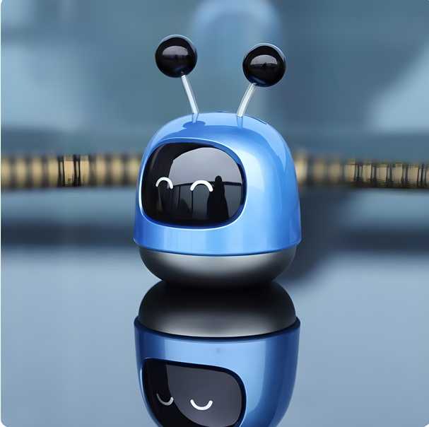 Front view of the blue robot-shaped dashboard car perfume with a stylish metallic finish.