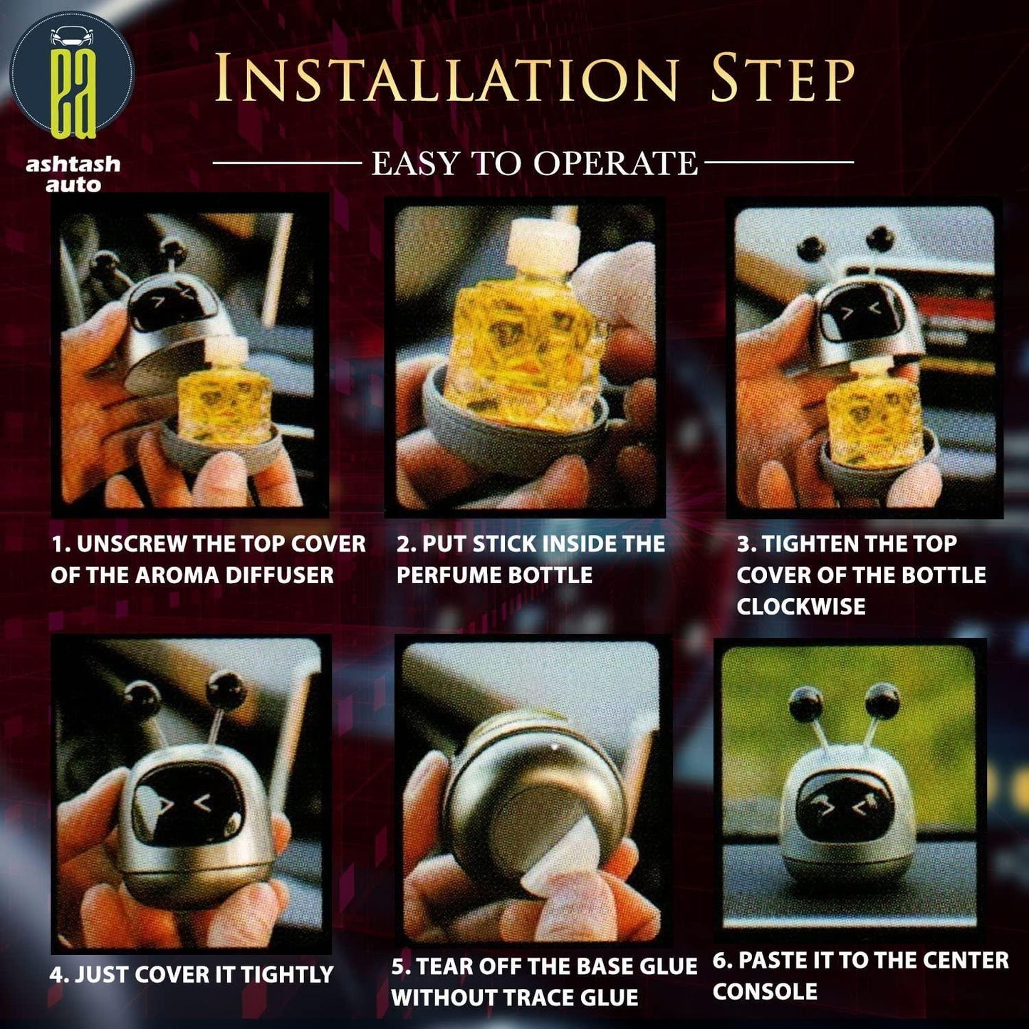 Step-by-step guide showing how to install the robot car perfume: open the compartment, insert the tablet, and place it on the dashboard.