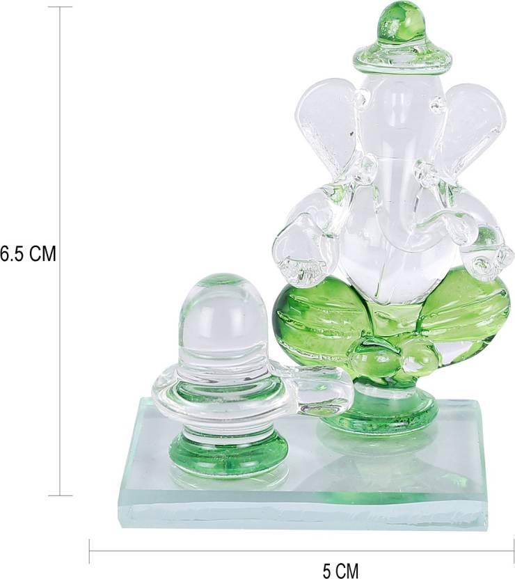 Crystal Ganesh Idol with Shivling Design Divine Car Dashboard Showpiece - 6.5 cm (Crystal, Green)