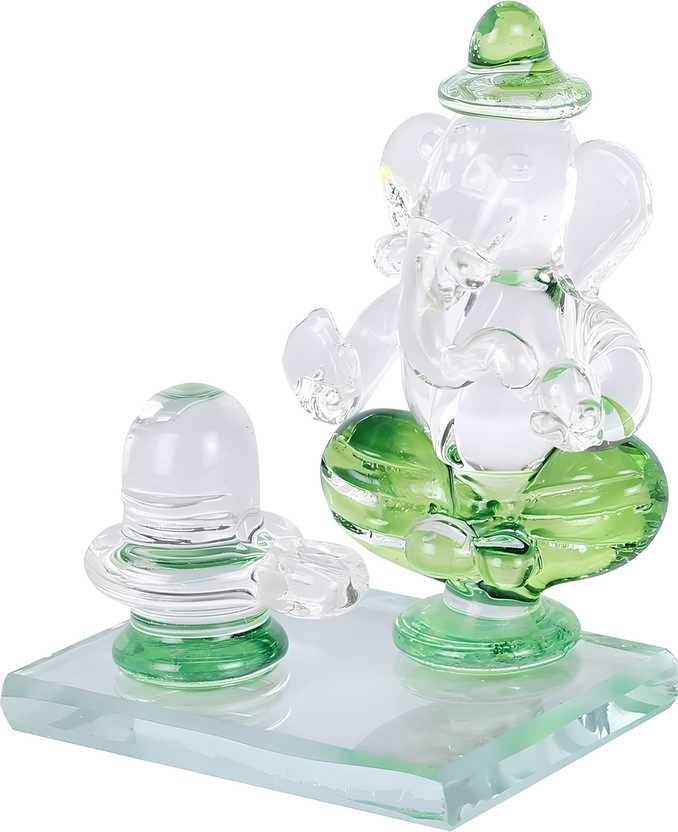 Crystal Ganesh Idol with Shivling Design Divine Car Dashboard Showpiece - 6.5 cm (Crystal, Green)