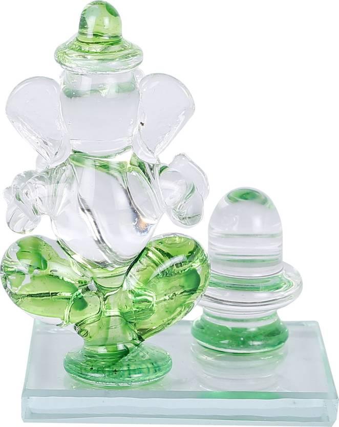 Crystal Ganesh Idol with Shivling Design Divine Car Dashboard Showpiece - 6.5 cm (Crystal, Green)