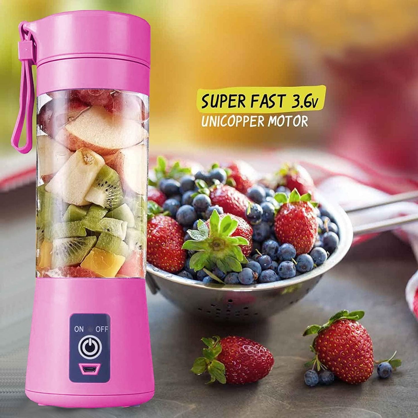 Front view of the portable USB rechargeable juicer mixer with 6 sharp blades, available in vibrant multi-colors.