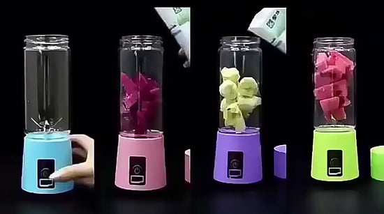 Watch how the portable USB juicer mixer blends fresh fruits into a smoothie in seconds. Perfect for travel, gym, or home use with a powerful 6-blade system and rechargeable battery.