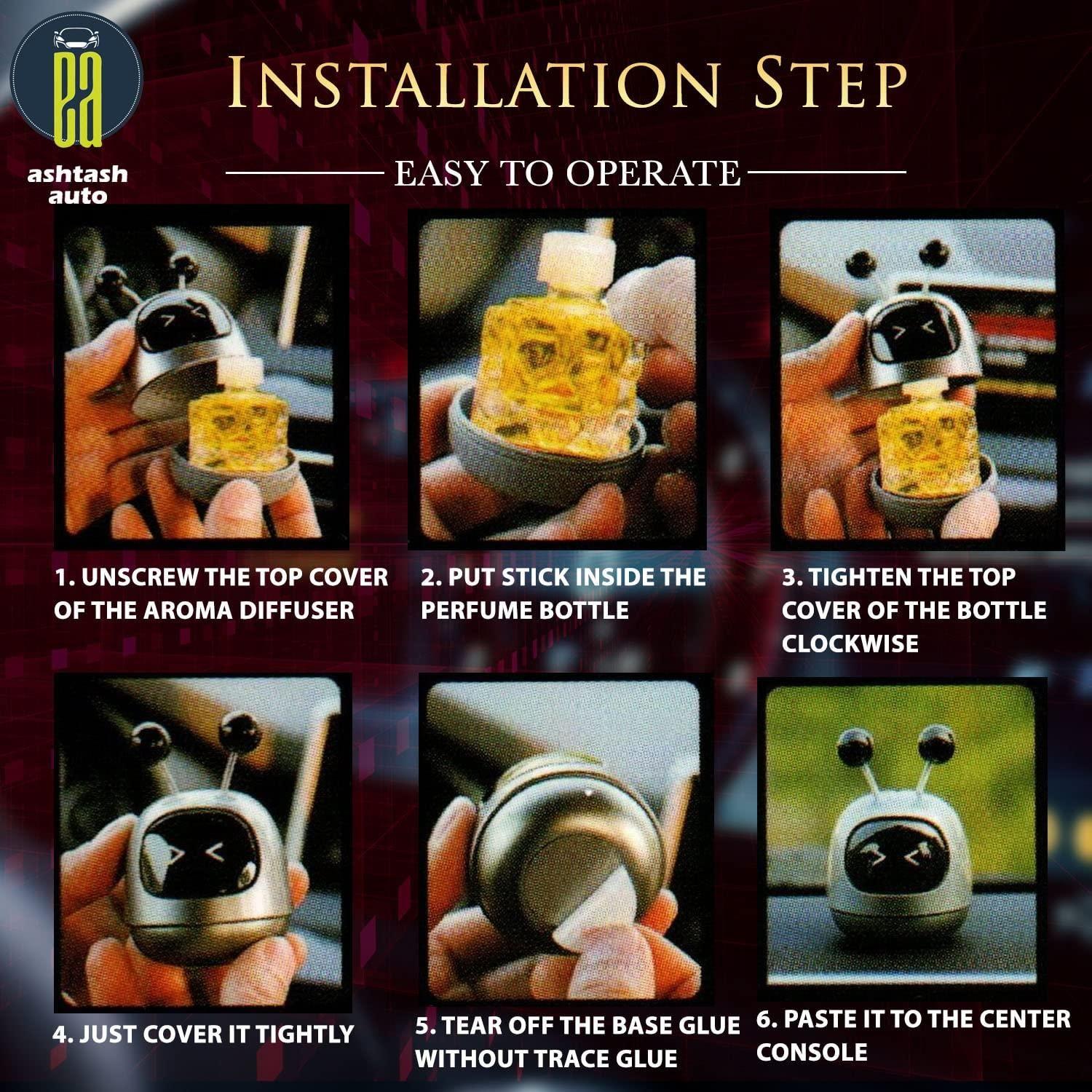 Step-by-step guide showing how to install the robot car perfume: open the compartment, insert the tablet, and place it on the dashboard.