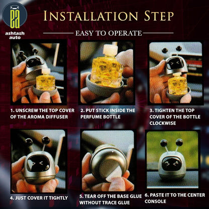 Step-by-step guide showing how to install the robot car perfume: open the compartment, insert the tablet, and place it on the dashboard.