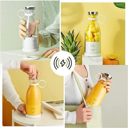 Mini travel blender mixing a protein supplement shake in a fitness environment.